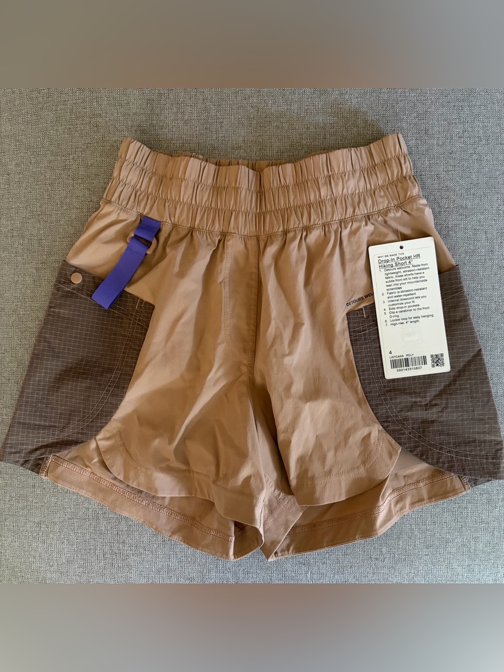 NEW lululemon athletica Tan Athletic Shorts with Brown Pockets and Purple Strap